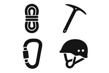 Mountain climbing gear icon set. Solid glyph vector illustration of outdoor adventure equipment. Includes climbing rope, ice axe, carabiner, and safety helmet for mountaineering.