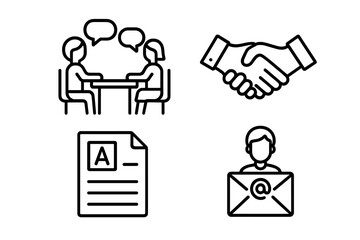 Parent teacher meeting outline icon set. School conference, student report card, good grades, handshake for partnership, and email communication. Vector line art pictogram.