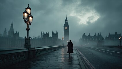 Obraz premium A lone figure in a long coat walks a foggy bridge toward Big Ben and the Houses of Parliament under a dark, moody sky
