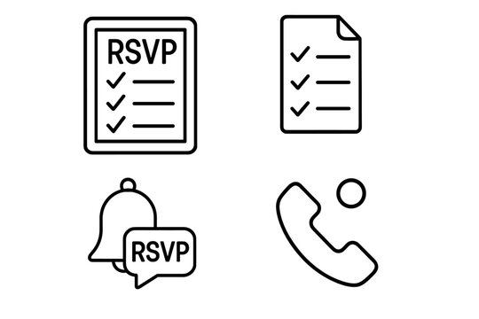 RSVP icon set. Guest coordination and event planning. Invitation response confirmation. Guest list checklist, reminder bell, and phone call icons. Vector line art for party.