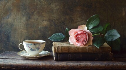 Cozy Autumn Rose Still Life with Antique Books and Teacup