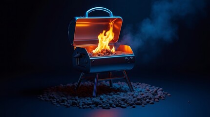Silver grill with orange flames and blue smoke barbecue