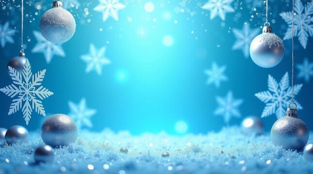 Silver baubles and snowflakes on blue background christmas