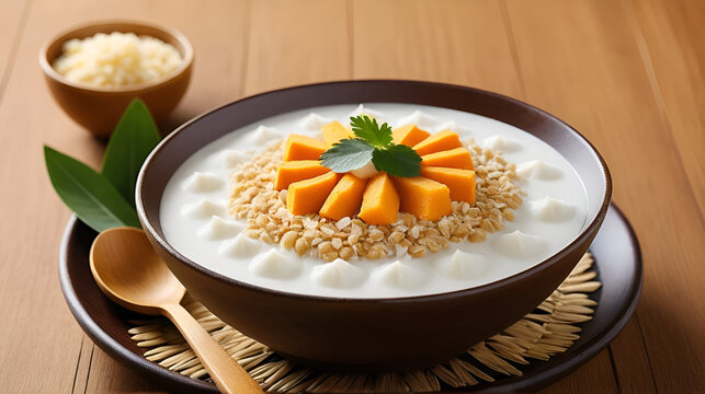 Bubur Ubi atau Jenang Telo is a dessert from Indonesia made of sweet potato, palm sugar and tapioca flour served with coconut milk.