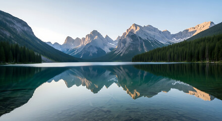 Stunning landscape featuring a serene lake reflecting majestic mountain peaks under a clear sky.