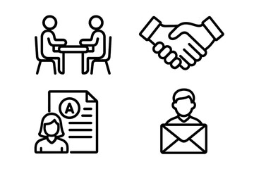 Parent-teacher conference icon set. School communication and education symbols. Vector outline icons of meeting, handshake, student report card, grades, and partnership.