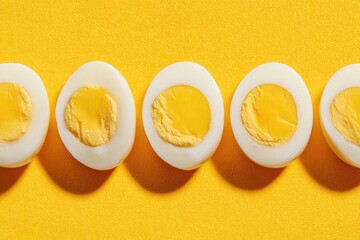 Five halved hard-boiled eggs arranged in a row on a vibrant yellow background, showcasing their creamy yolks and firm whites