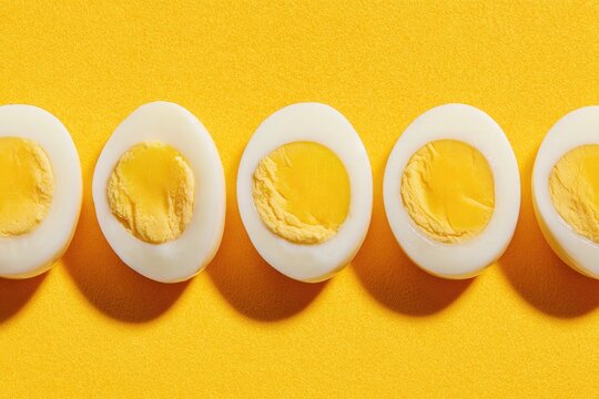 Five halved hard-boiled eggs arranged in a row on a vibrant yellow background, showcasing their creamy yolks and firm whites