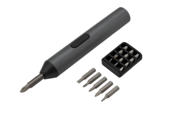 Photo of a small electric screwdriver with a set of interchangeable bits, isolated on transparent background