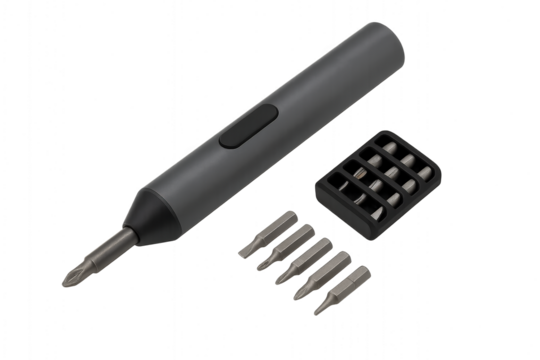 Photo of a small electric screwdriver with a set of interchangeable bits, isolated on transparent background