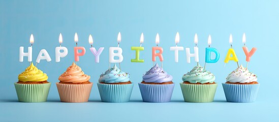 Colorful cupcakes with lit candles spelling out "Happy Birthday