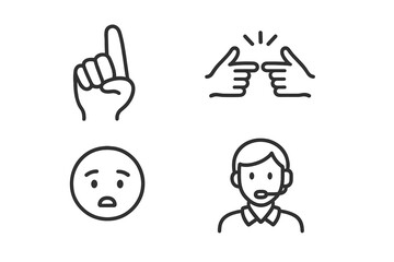 Sign Language Icon Set, Outline Vector Illustration of ASL Handshape, BSL Gesture, Facial Expression, Interpreter with Headset, Communication and Deaf Culture Symbols