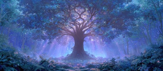 Obraz premium Enchanting blue forest scene centered on a large, glowing tree with ethereal light rays
