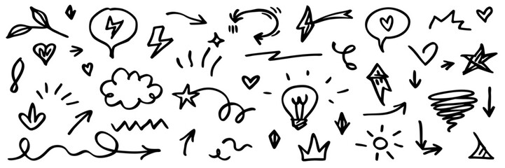 Hand-drawn Doodle Icons: Arrows, Hearts, Stars, and More