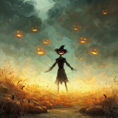 Fototapeta premium Mysterious Scarecrow Surrounded by Glowing Pumpkins at Dusk