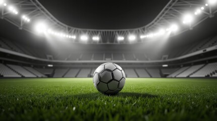 Soccer ball on green field under stadium lights football