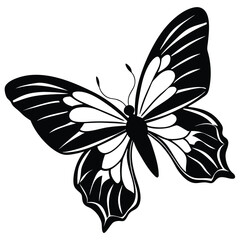 Black silhouette of a butterfly with patterned wings on a white background Keywords: butterfly, insect