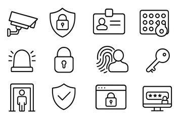 Security and access control line icon set. Monitoring and protection symbols. Vector collection of outline icons like camera, password, fingerprint, ID card, and padlock.