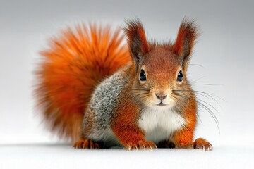Obraz premium Red squirrel posing on white background with bushy tail