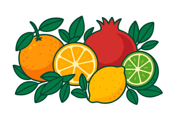 Vibrant vector flat illustration featuring citrus fruits and pomegranate with lush leafy accents in a colorful cartoon style, perfect for fresh fruit and healthy food designs