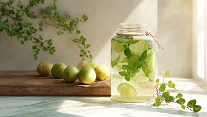 Sunlit kitchen scene featuring a large glass jar of infused water with lime and mint, accompanied by fresh limes on a wooden board and trailing greenery