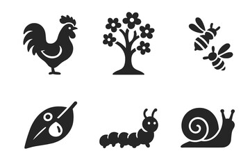 Fototapeta premium Spring nature awakening solid glyph icon set. Farm and garden life vector symbols. Rooster, blooming tree, bees, caterpillar, snail, and leaf with dew drop illustration.