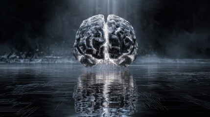 A futuristic digital brain suspended above a reflective surface, surrounded by a dark, tech-inspired atmosphere, symbolizing advanced technology and artificial intelligence.