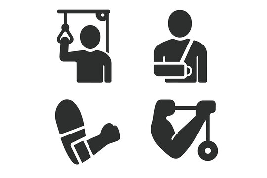 Upper body physio solid icon set. Vector glyphs for injury and rehabilitation. Concepts include shoulder pulley exercise, arm sling for fracture, elbow brace, wrist roller.