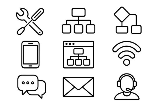 Business and technology outline icons. Communication, customer support, network flowchart. Vector line icons for web, app design. Includes sitemap, tools, chat, email, wifi pictogram.