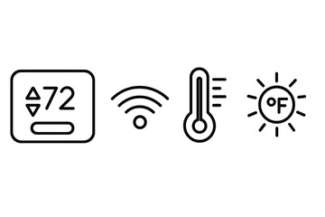 Smart thermostat vector icon set. Outline icons for smart home climate control. Temperature, wireless heating and cooling symbols. HVAC system, thermometer, Wi-Fi, sun signs.