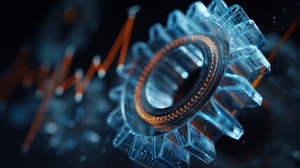 A futuristic, transparent gear is featured prominently, with abstract data visualizations in the background, representing technology and industry.