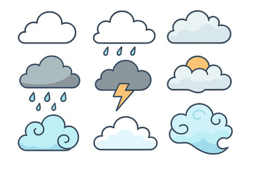 Cloud weather icon set. Flat cartoon vector illustration. Collection of various weather forecast symbols for sun, rain, storm, thunder, lightning, and wind. Sky graphic elements.