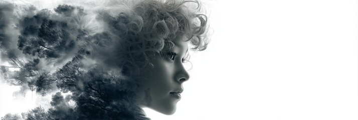 A woman with a cloud like head, stands in a surreal environment 