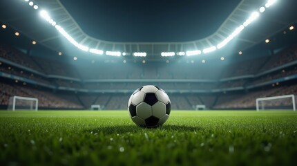 Soccer ball on stadium grass field goal