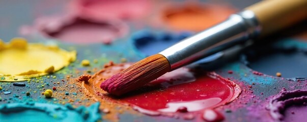 Close-up of a paintbrush resting on a palette of vibrant, mixed paints  The bristles are soft and slightly splayed, ready for the next stroke of artistic expression , fine art, painting tools