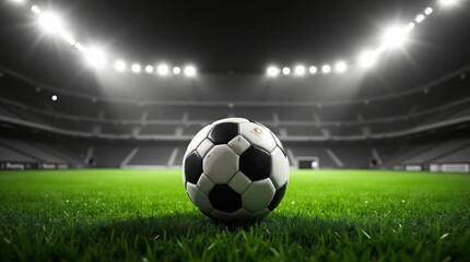 Soccer ball on stadium grass under bright lights football
