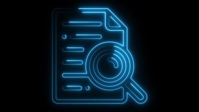 Glowing neon line Case study icon with magnifying glass sign animation. Neon search result icon. 4k video. exploration, eye test equipment, eyesight, find, glass, glass - material, global, glowing, 