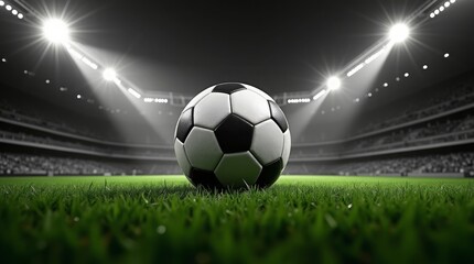 Soccer ball on stadium grass under bright lights football