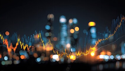 Abstract financial chart overlaying a blurred cityscape at night, showing fluctuating data lines in warm and cool tones against a dark background