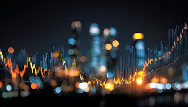 Abstract financial chart overlaying a blurred cityscape at night, showing fluctuating data lines in warm and cool tones against a dark background