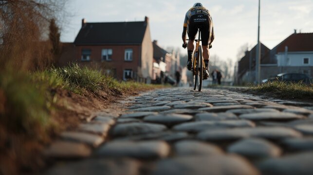 Professional Rider Competing in Tour of Flanders on Historic Village Road