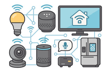Smart Home Devices and Appliances for Modern Connected Living, Technology and Wireless Control, IoT Gadgets, Voice Assistants, Security Cameras, and Smart Refrigerators Cartoon Vector Illustration