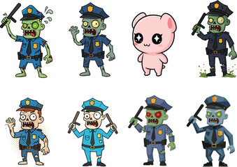 Zombie police cartoon, character lineup, baton pose, scary expressions, pink mascot, uniform design, vector illustration, flat style, animated concept