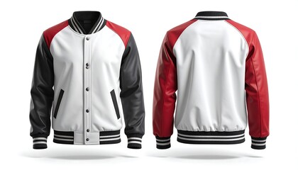 Stylish blank white varsity jacket with contrasting red and black sleeves, presented from front and back for design mockups