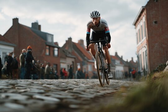 Cyclist Racing on Cobblestone Path during Tour of Flanders