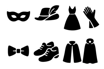 Theatrical costume icons solid filled vector set featuring mask, feathered hat, elegant gown, gloves, bow tie, classic shoes, cape, drama and performance elements on transparent background
