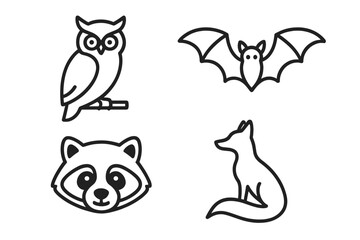 Nocturnal wildlife icons set with owl perched, bat in flight, raccoon face, and sitting fox silhouette. Night animal vector illustrations, outline style, wildlife symbols.