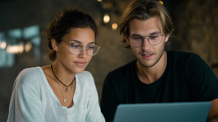 A duo works on a laptop, the collaborative scene illuminated by soft light. Duo, laptop, with copy space