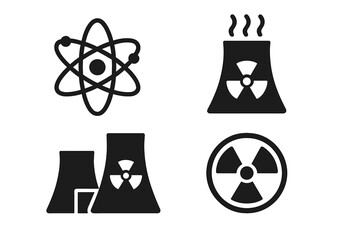 Solid Nuclear Energy Icons Set, Filled Vector Illustrations of Atomic Symbol, Cooling Towers, Nuclear Power Plant, Radiation Hazard, Reactor Safety Signs