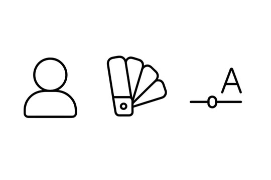 User interface personalization icon set. Vector outline icons for UI and UX design. Includes user avatar, theme color palette, and font size adjustment for website or app.